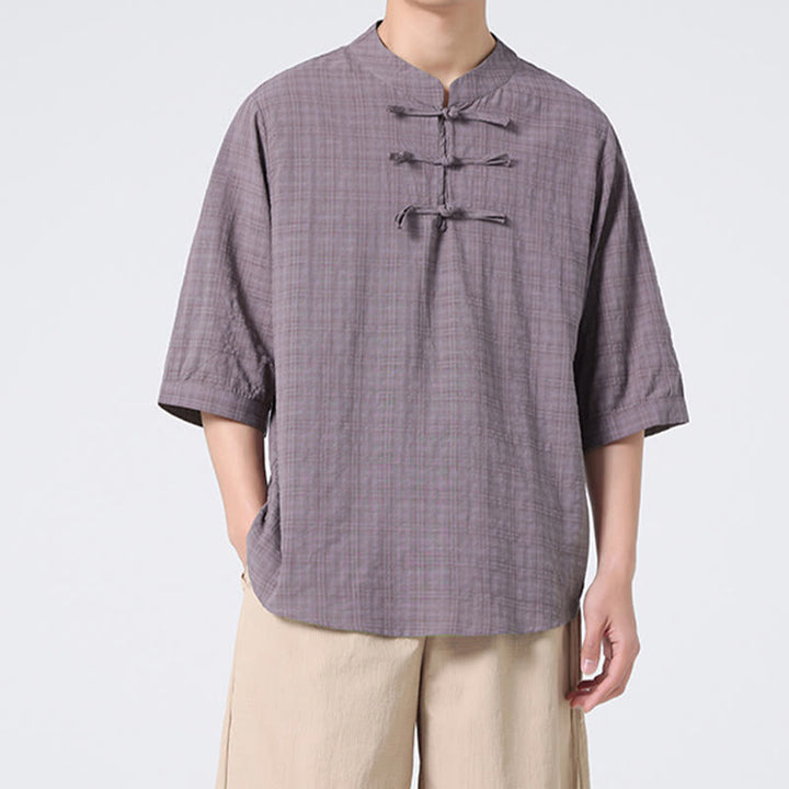 Buddha Stones Frog-Button Plaid Pattern Chinese Tang Suit Half Sleeve Shirt Cotton Linen Men Clothing