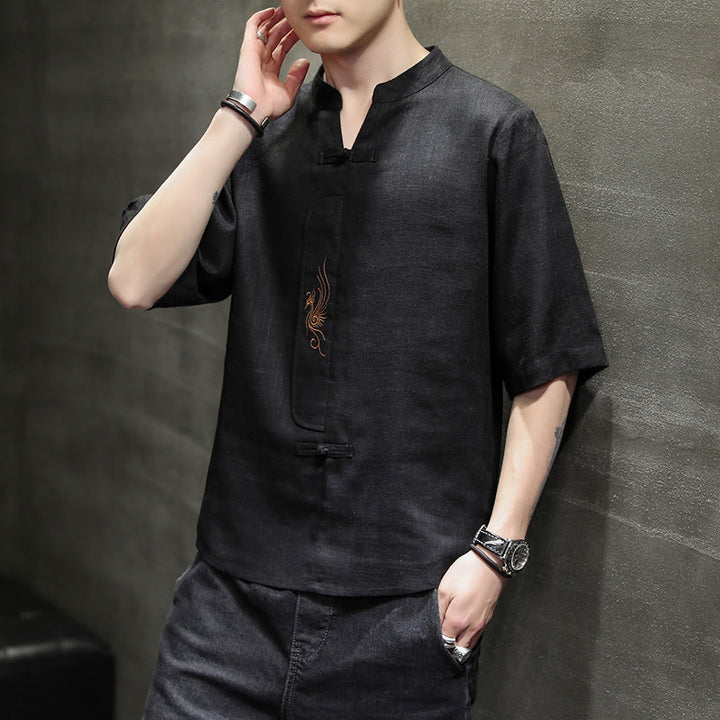 Buddha Stones Frog-Button Phoenix Embroidery Chinese Tang Suit Short Sleeve Shirt Cotton Linen Men Clothing - image 17