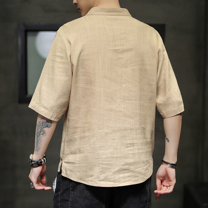 Buddha Stones Frog-Button Phoenix Embroidery Chinese Tang Suit Short Sleeve Shirt Cotton Linen Men Clothing - image 12