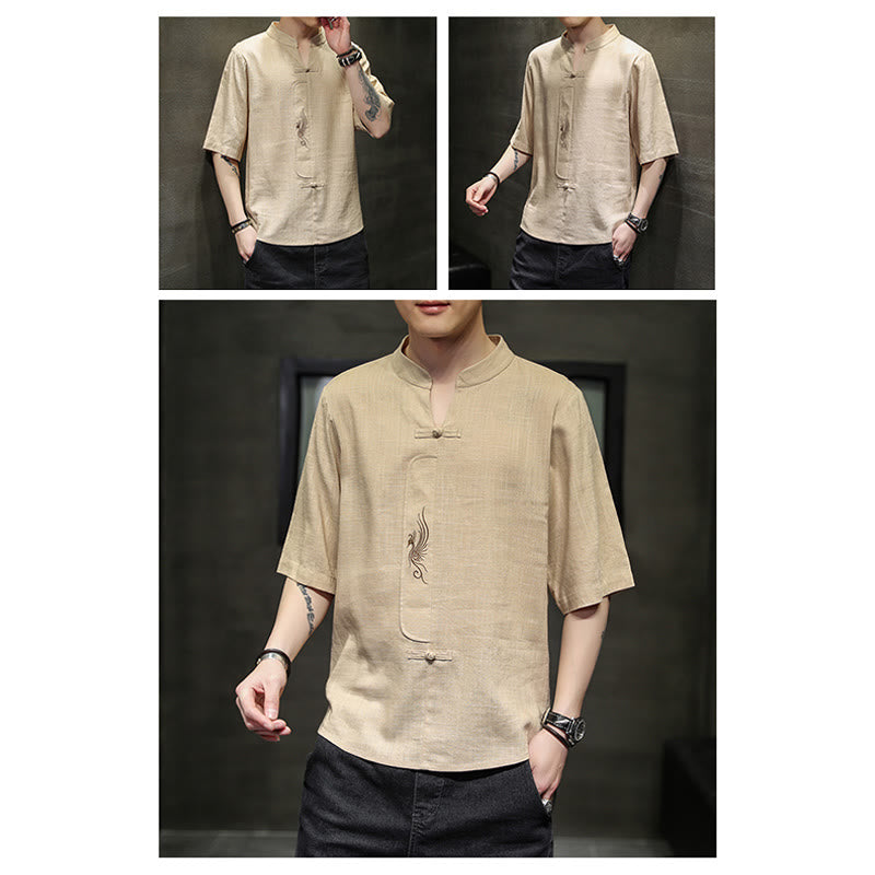 Buddha Stones Frog-Button Phoenix Embroidery Chinese Tang Suit Short Sleeve Shirt Cotton Linen Men Clothing