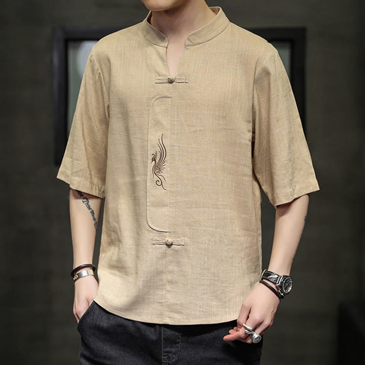 Buddha Stones Frog-Button Phoenix Embroidery Chinese Tang Suit Short Sleeve Shirt Cotton Linen Men Clothing - image 14