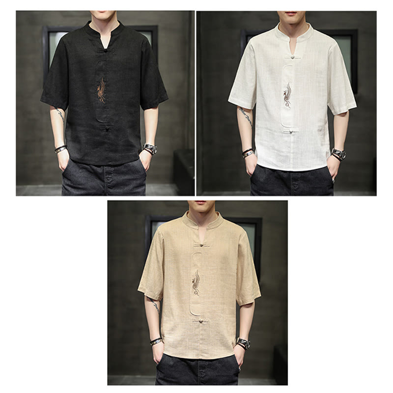 Buddha Stones Frog-Button Phoenix Embroidery Chinese Tang Suit Short Sleeve Shirt Cotton Linen Men Clothing - image 24