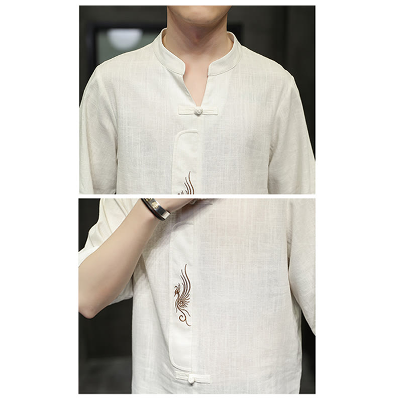 Buddha Stones Frog-Button Phoenix Embroidery Chinese Tang Suit Short Sleeve Shirt Cotton Linen Men Clothing