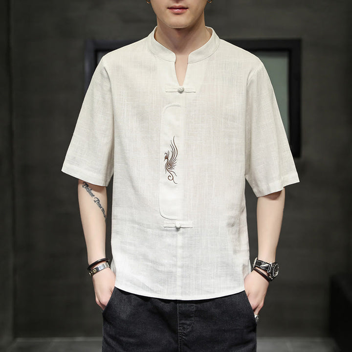 Buddha Stones Frog-Button Phoenix Embroidery Chinese Tang Suit Short Sleeve Shirt Cotton Linen Men Clothing - image 2