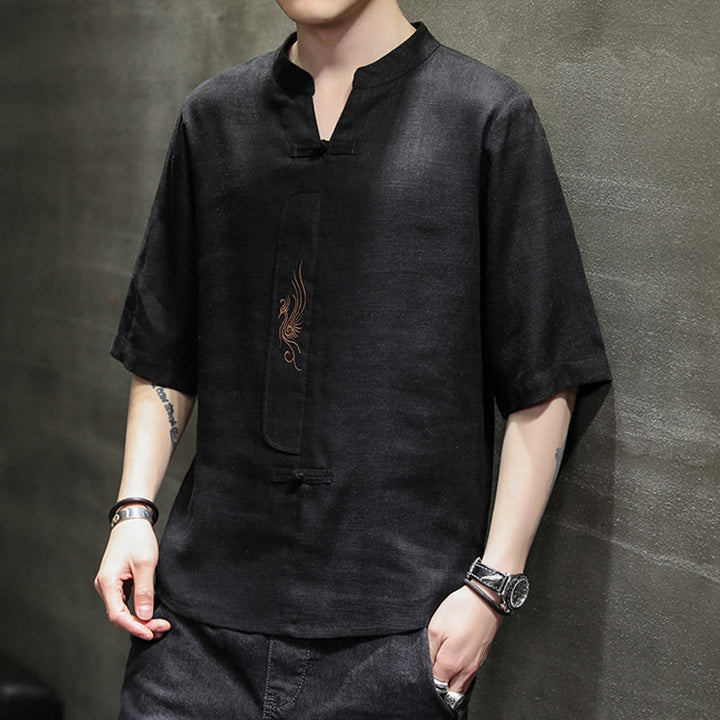 Buddha Stones Frog-Button Phoenix Embroidery Chinese Tang Suit Short Sleeve Shirt Cotton Linen Men Clothing - image 19