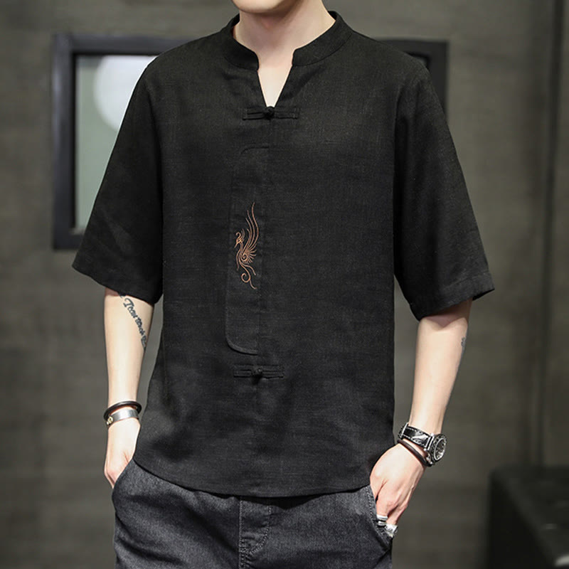 Buddha Stones Frog-Button Phoenix Embroidery Chinese Tang Suit Short Sleeve Shirt Cotton Linen Men Clothing - image 21