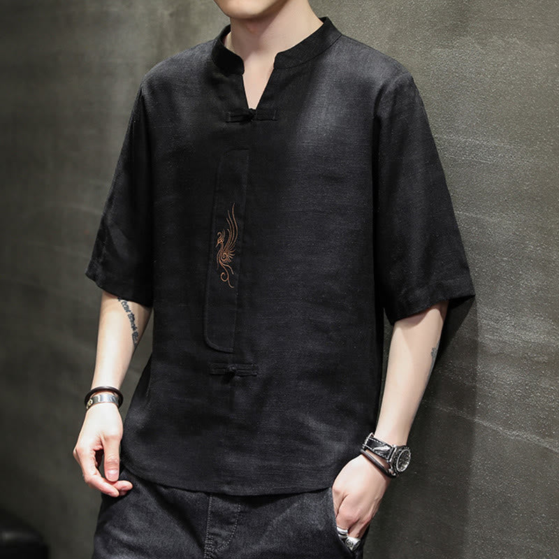 Buddha Stones Frog-Button Phoenix Embroidery Chinese Tang Suit Short Sleeve Shirt Cotton Linen Men Clothing - image 19