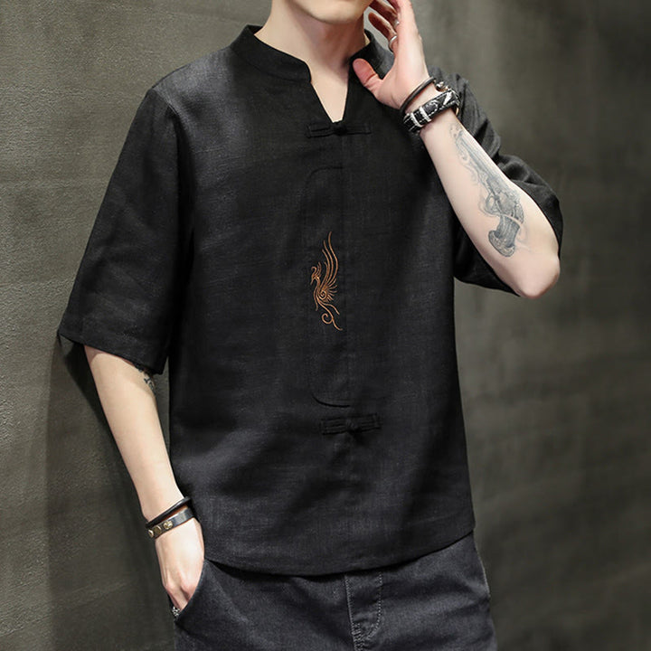 Buddha Stones Frog-Button Phoenix Embroidery Chinese Tang Suit Short Sleeve Shirt Cotton Linen Men Clothing - image 18