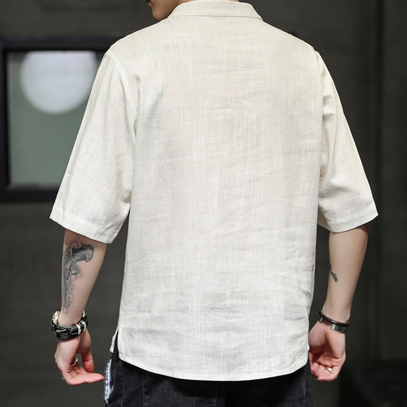 Buddha Stones Frog-Button Phoenix Embroidery Chinese Tang Suit Short Sleeve Shirt Cotton Linen Men Clothing - image 2