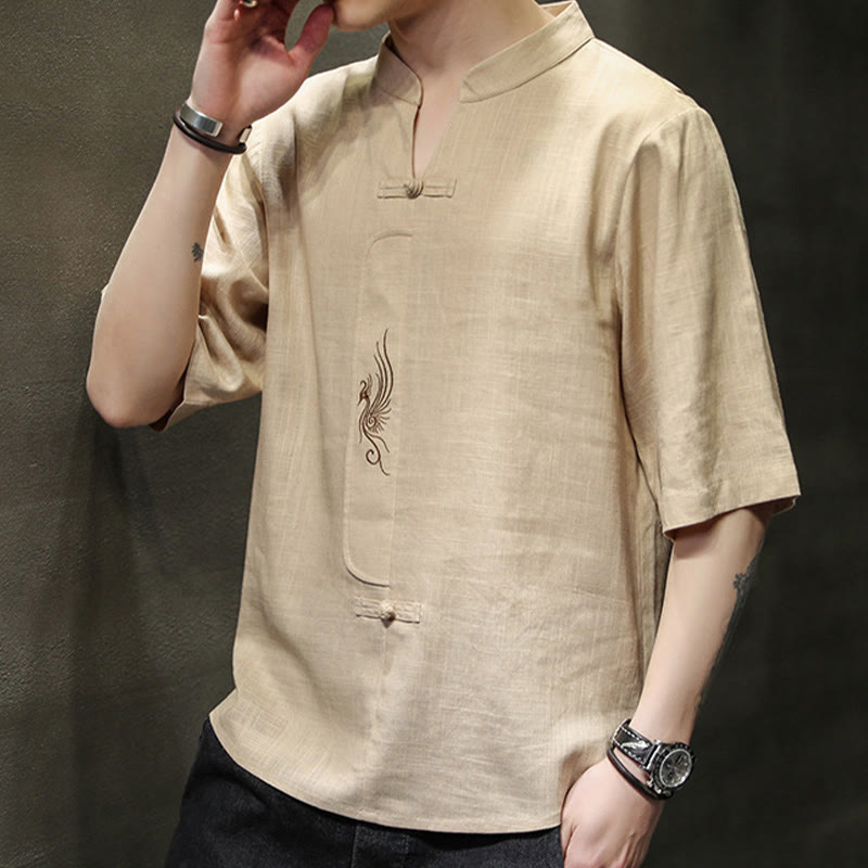 Buddha Stones Frog-Button Phoenix Embroidery Chinese Tang Suit Short Sleeve Shirt Cotton Linen Men Clothing - image 13