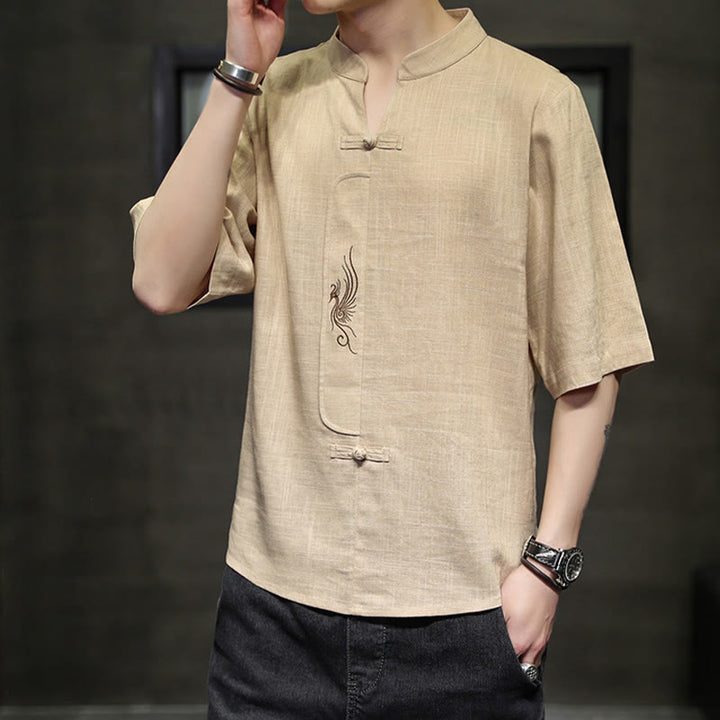Buddha Stones Frog-Button Phoenix Embroidery Chinese Tang Suit Short Sleeve Shirt Cotton Linen Men Clothing - image 12