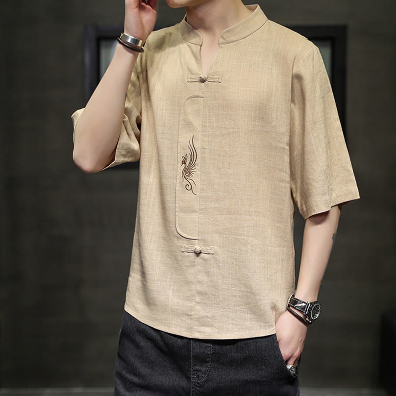 Buddha Stones Frog-Button Phoenix Embroidery Chinese Tang Suit Short Sleeve Shirt Cotton Linen Men Clothing - image 11