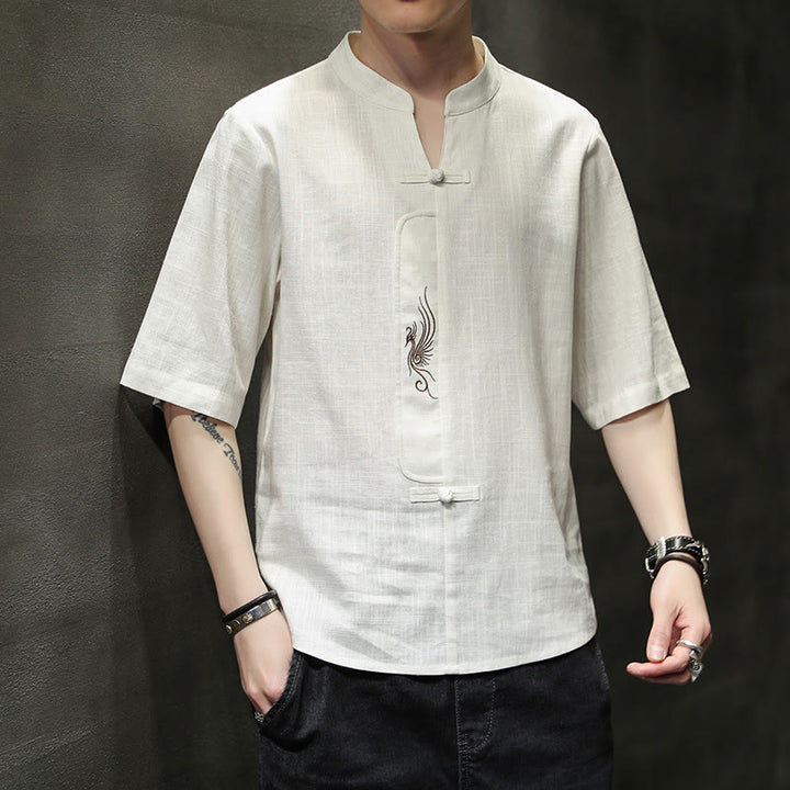Buddha Stones Frog-Button Phoenix Embroidery Chinese Tang Suit Short Sleeve Shirt Cotton Linen Men Clothing - Snow - US/UK/AU46，EU56 (5XL) - image 1