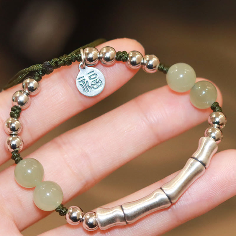 Buddha Stones 925 Sterling Silver Natural Jade Fu Character Bamboo Abundance Bracelet