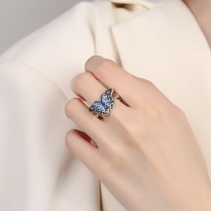 Buddha Stones Hollow Enamel Blue Butterfly Pattern Love Ring