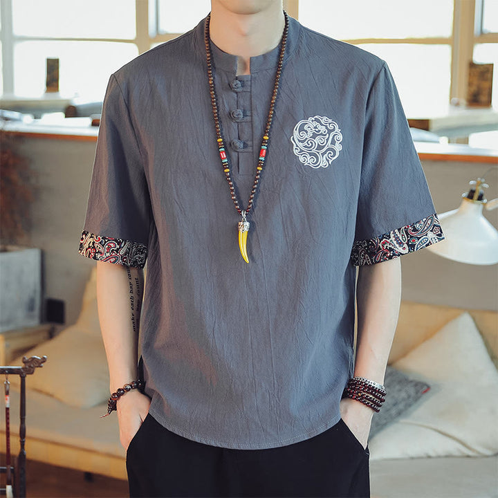 Buddha Stones Frog-Button Dragon Embroidery Chinese Tang Suit Short Sleeve Shirt Linen Men Clothing - Gray - US/UK/AU46，EU56 (5XL)  - image 0
