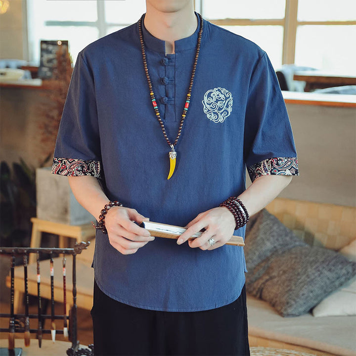 Buddha Stones Frog-Button Dragon Embroidery Chinese Tang Suit Short Sleeve Shirt Linen Men Clothing