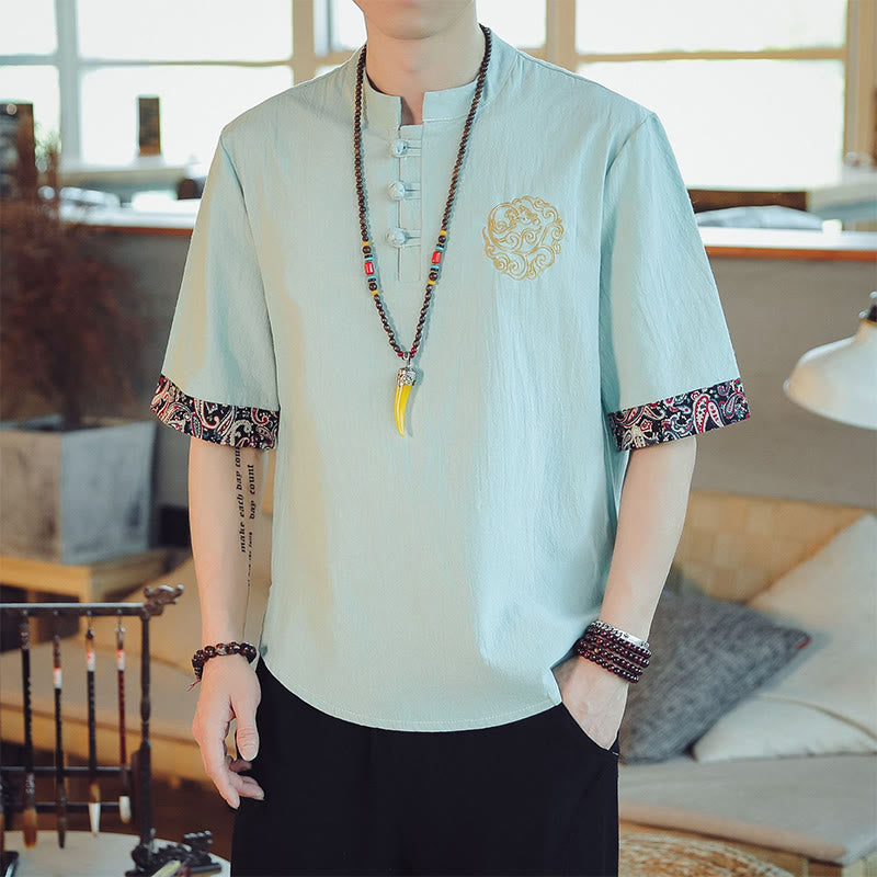 Buddha Stones Frog-Button Dragon Embroidery Chinese Tang Suit Short Sleeve Shirt Linen Men Clothing - MintCream - US/UK/AU46，EU56 (5XL)  - image 11