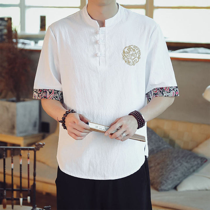 Buddha Stones Frog-Button Dragon Embroidery Chinese Tang Suit Short Sleeve Shirt Linen Men Clothing - White - US/UK/AU46，EU56 (5XL)  - image 18