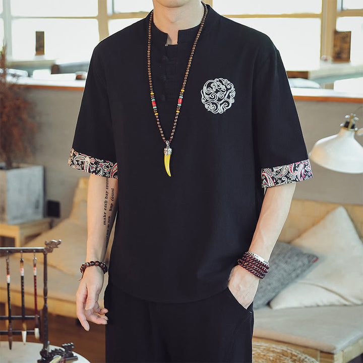 Buddha Stones Frog-Button Dragon Embroidery Chinese Tang Suit Short Sleeve Shirt Men Clothing - Black - US/UK/AU46，EU56 (5XL)  - image 25