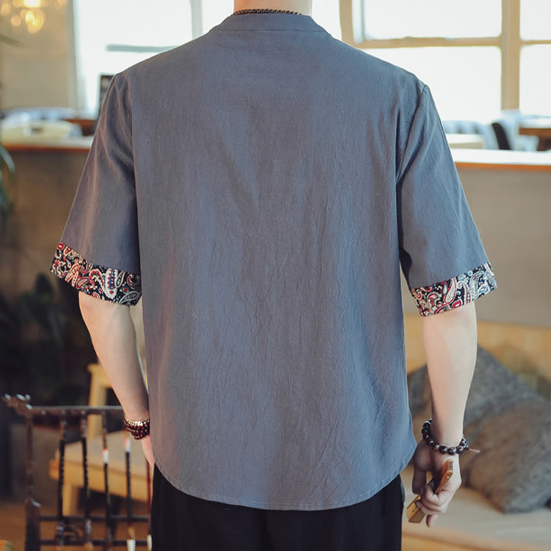 Buddha Stones Frog-Button Dragon Embroidery Chinese Tang Suit Short Sleeve Shirt Linen Men Clothing - image 2