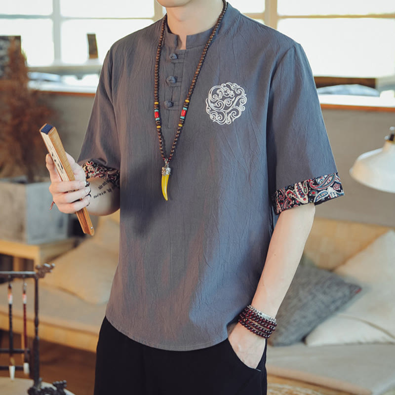 Buddha Stones Frog-Button Dragon Embroidery Chinese Tang Suit Short Sleeve Shirt Men Clothing - image 6