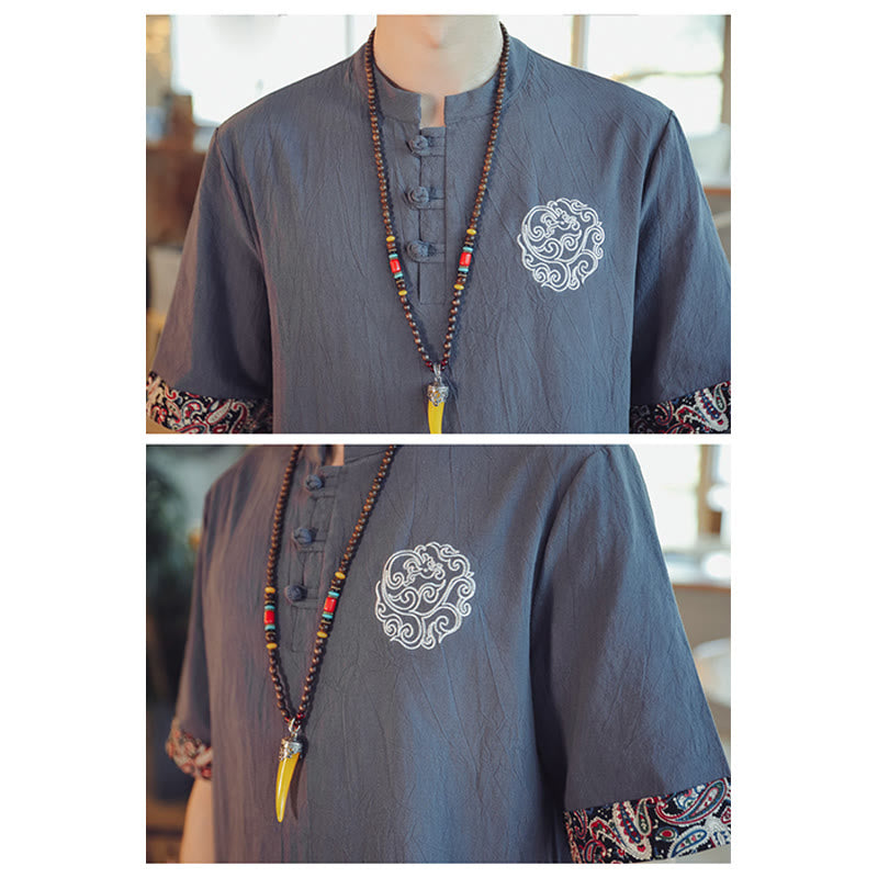 Buddha Stones Frog-Button Dragon Embroidery Chinese Tang Suit Short Sleeve Shirt Linen Men Clothing