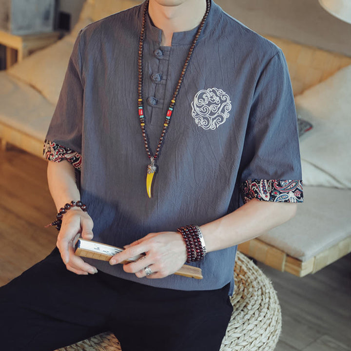 Buddha Stones Frog-Button Dragon Embroidery Chinese Tang Suit Short Sleeve Shirt Men Clothing - image 8