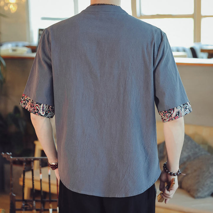 Buddha Stones Frog-Button Dragon Embroidery Chinese Tang Suit Short Sleeve Shirt Men Clothing - image 2