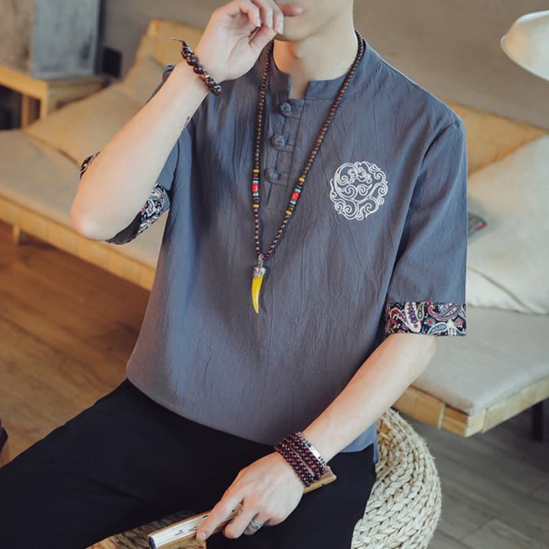 Buddha Stones Frog-Button Dragon Embroidery Chinese Tang Suit Short Sleeve Shirt Linen Men Clothing - image 7