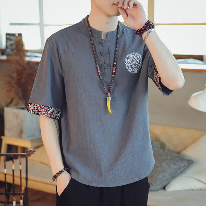 Buddha Stones Frog-Button Dragon Embroidery Chinese Tang Suit Short Sleeve Shirt Linen Men Clothing - image 3