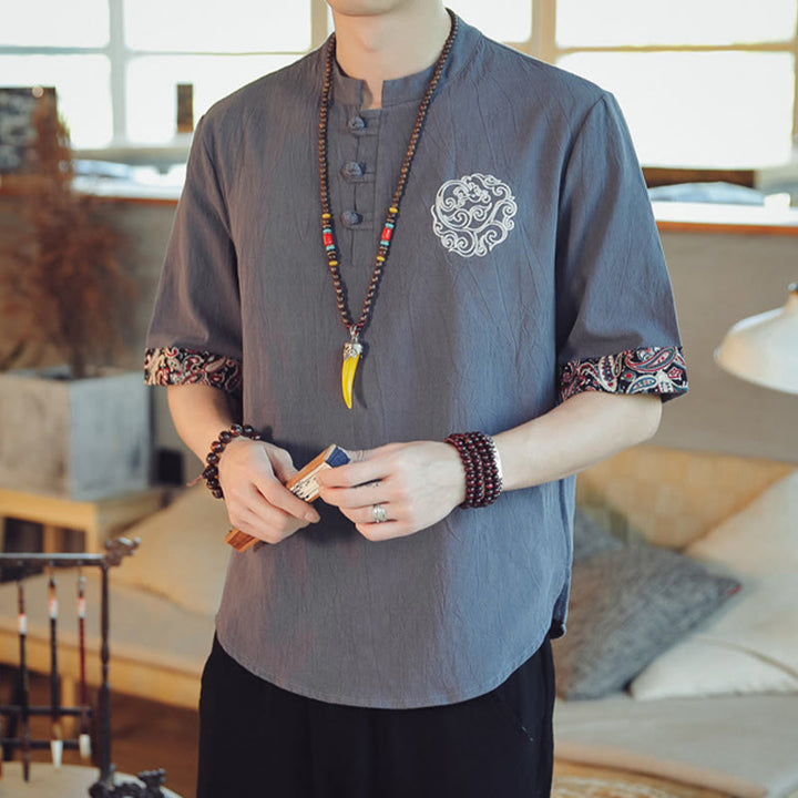 Buddha Stones Frog-Button Dragon Embroidery Chinese Tang Suit Short Sleeve Shirt Men Clothing - image 1