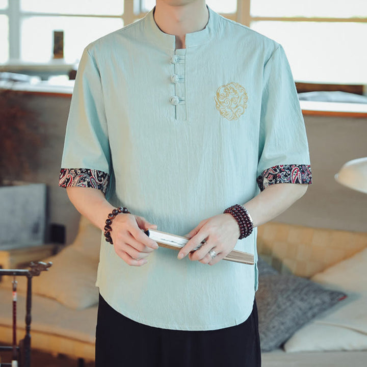 Buddha Stones Frog-Button Dragon Embroidery Chinese Tang Suit Short Sleeve Shirt Linen Men Clothing - image 14
