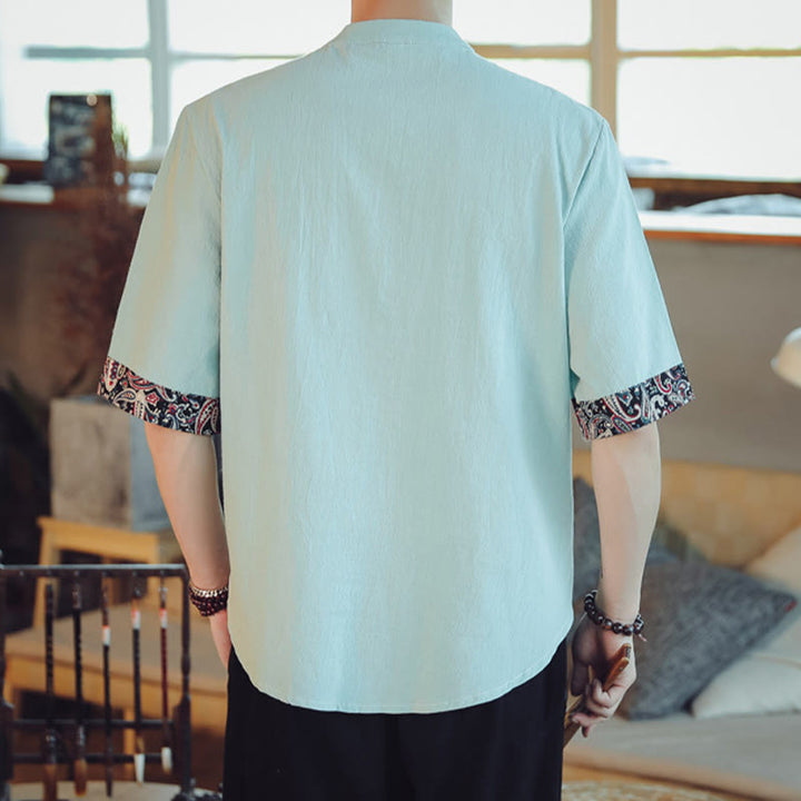 Buddha Stones Frog-Button Dragon Embroidery Chinese Tang Suit Short Sleeve Shirt Men Clothing - image 13