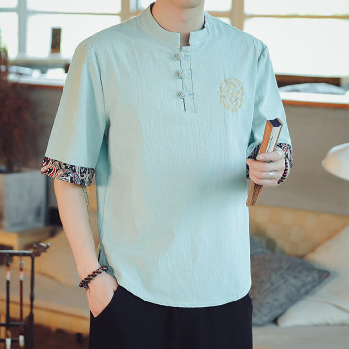 Buddha Stones Frog-Button Dragon Embroidery Chinese Tang Suit Short Sleeve Shirt Men Clothing - image 12
