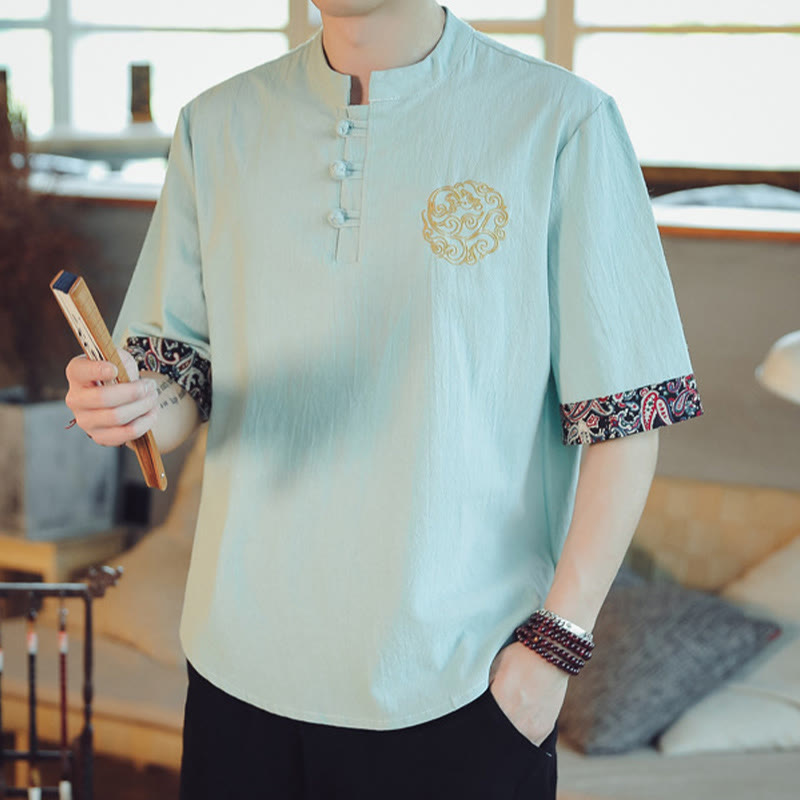 Buddha Stones Frog-Button Dragon Embroidery Chinese Tang Suit Short Sleeve Shirt Men Clothing - image 15