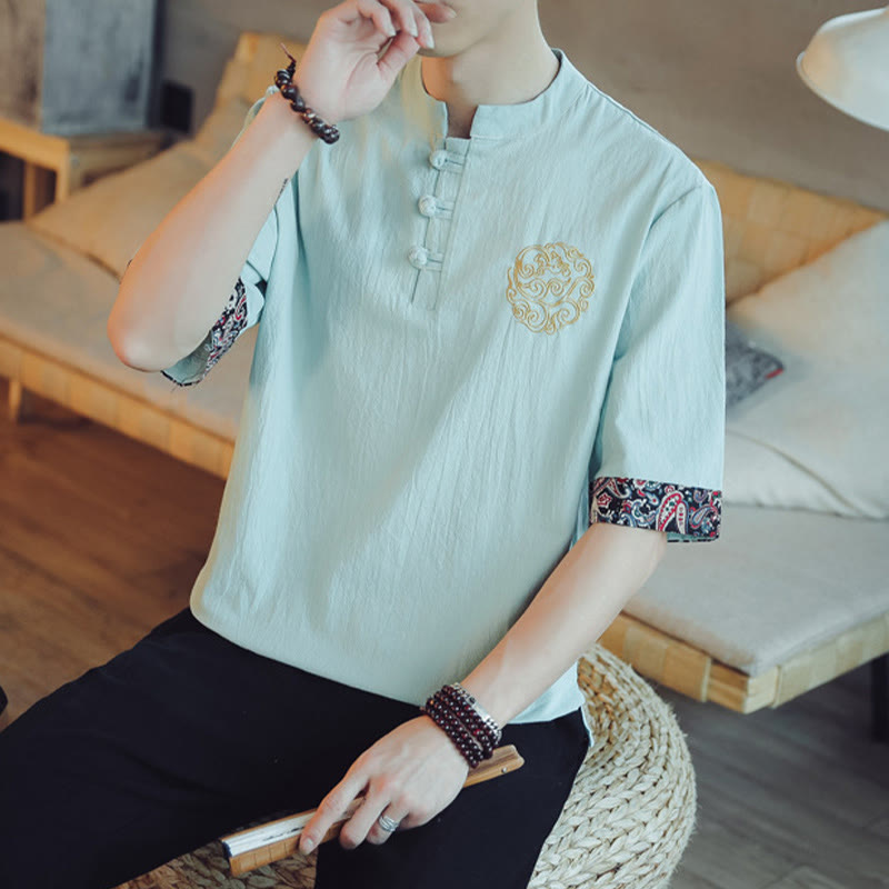 Buddha Stones Frog-Button Dragon Embroidery Chinese Tang Suit Short Sleeve Shirt Men Clothing - image 16