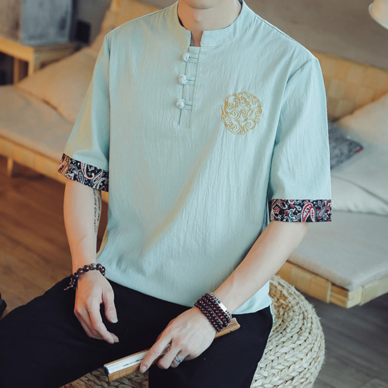 Buddha Stones Frog-Button Dragon Embroidery Chinese Tang Suit Short Sleeve Shirt Linen Men Clothing - image 17