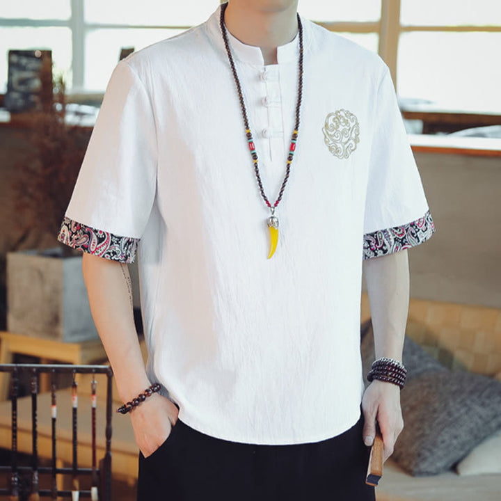 Buddha Stones Frog-Button Dragon Embroidery Chinese Tang Suit Short Sleeve Shirt Men Clothing - image 19