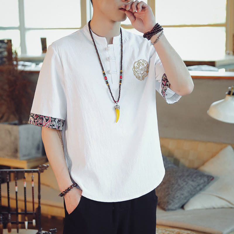Buddha Stones Frog-Button Dragon Embroidery Chinese Tang Suit Short Sleeve Shirt Men Clothing - image 22