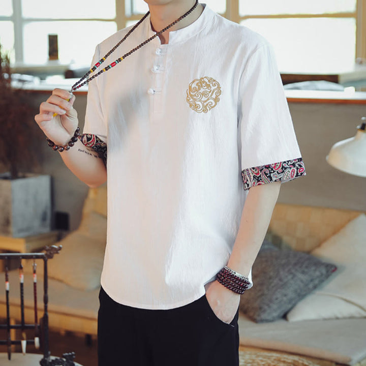 Buddha Stones Frog-Button Dragon Embroidery Chinese Tang Suit Short Sleeve Shirt Linen Men Clothing - image 21