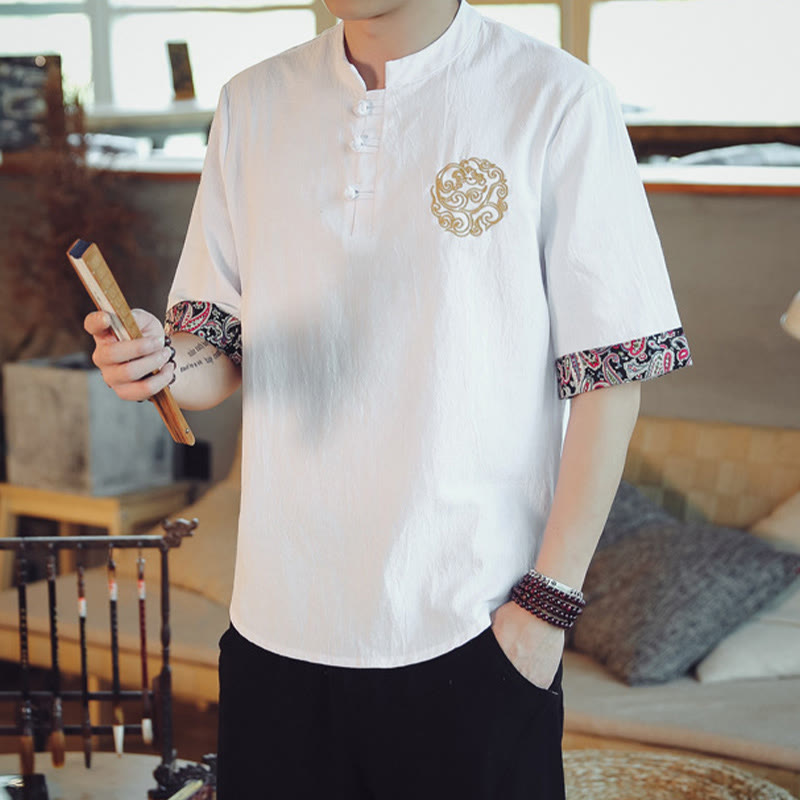 Buddha Stones Frog-Button Dragon Embroidery Chinese Tang Suit Short Sleeve Shirt Men Clothing - image 20