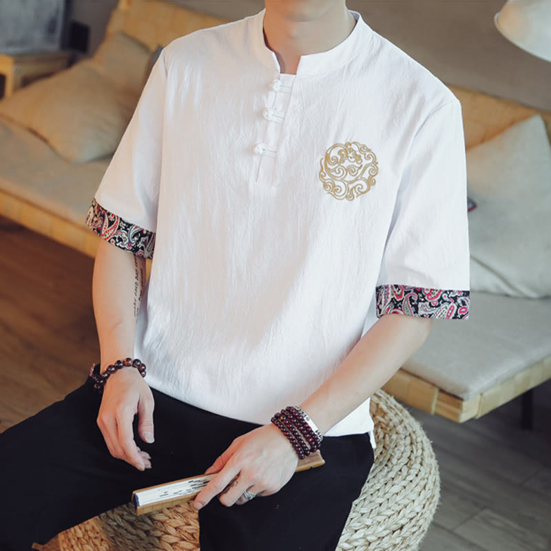 Buddha Stones Frog-Button Dragon Embroidery Chinese Tang Suit Short Sleeve Shirt Men Clothing - image 24