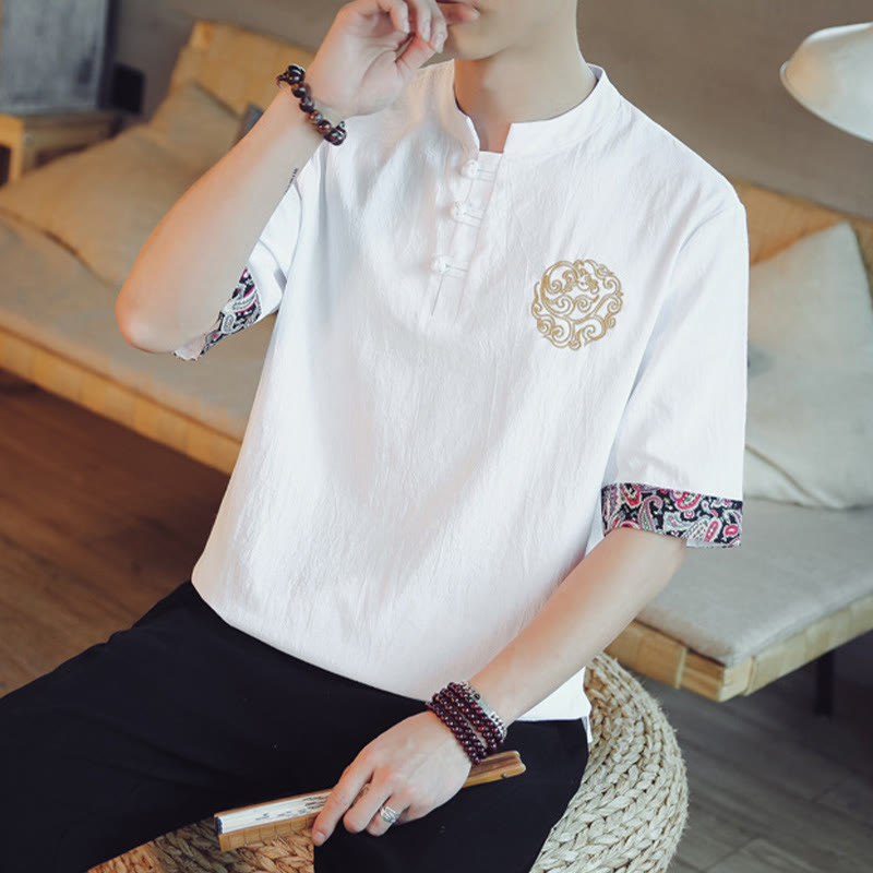 Buddha Stones Frog-Button Dragon Embroidery Chinese Tang Suit Short Sleeve Shirt Men Clothing - image 23
