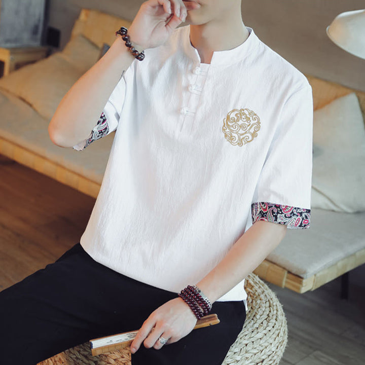 Buddha Stones Frog-Button Dragon Embroidery Chinese Tang Suit Short Sleeve Shirt Men Clothing - image 23