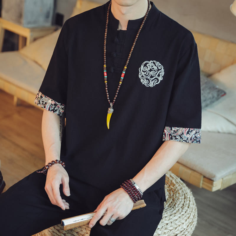 Buddha Stones Frog-Button Dragon Embroidery Chinese Tang Suit Short Sleeve Shirt Linen Men Clothing - image 31