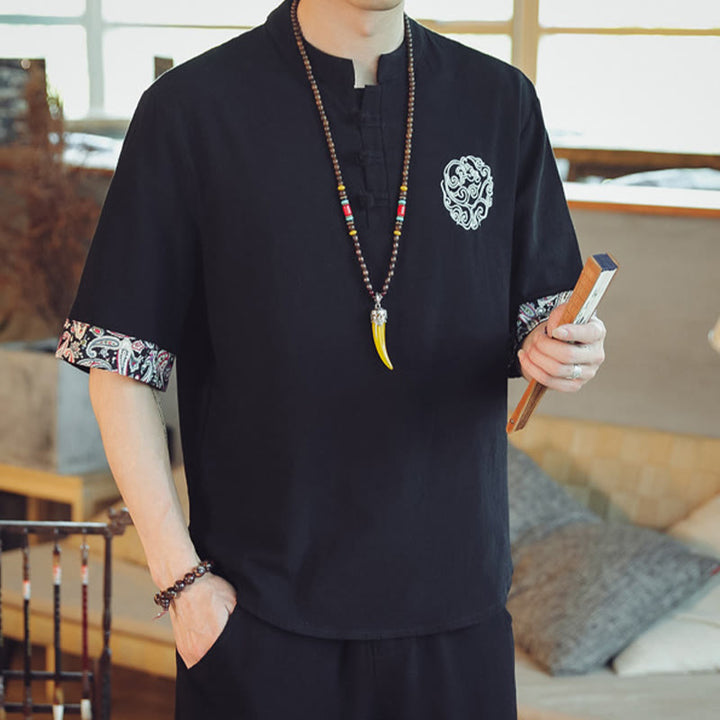 Buddha Stones Frog-Button Dragon Embroidery Chinese Tang Suit Short Sleeve Shirt Linen Men Clothing - image 26