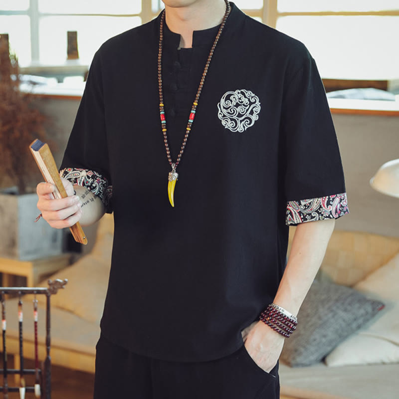 Buddha Stones Frog-Button Dragon Embroidery Chinese Tang Suit Short Sleeve Shirt Linen Men Clothing