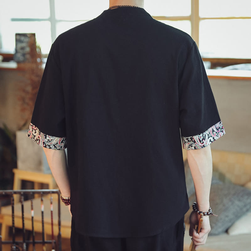 Buddha Stones Frog-Button Dragon Embroidery Chinese Tang Suit Short Sleeve Shirt Linen Men Clothing - image 27