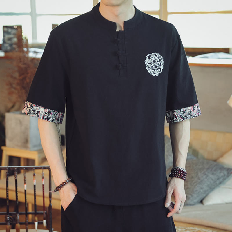 Buddha Stones Frog-Button Dragon Embroidery Chinese Tang Suit Short Sleeve Shirt Linen Men Clothing